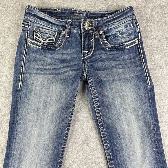 Vigoss Dublin Straight Jeans Womens 5 Low Rise Dark Wash Rhinestone Thick Stitch - Picture 7 of 16